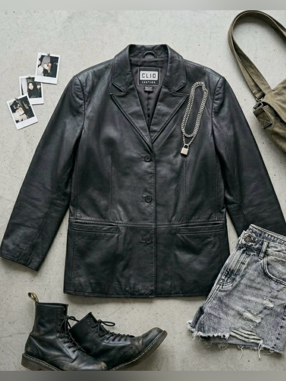 Vintage 90s CLIO Black Genuine Leather Blazer Jacket Minimalist M Grunge Y2K